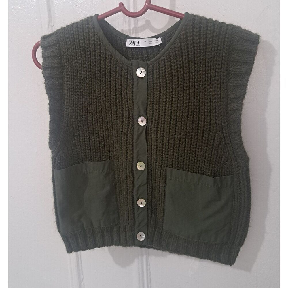 Zara Womens Small Cropped Ribbed Olive Green Utility Vest Top Boxy Spring Summer
